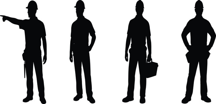 Construction, workers, silhouette, set, builders, engineers, industrial, contractors, safety, helmet, toolbox, pointing, team, group, collection, site, engineering, infrastructure, labor, foreman,