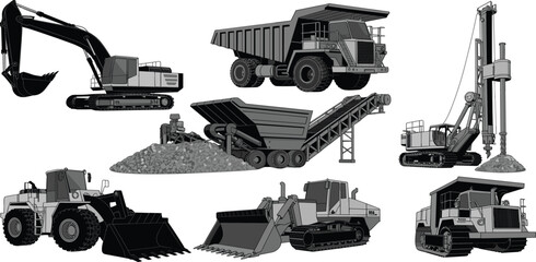 Construction, machinery, vector, set, excavator, dumper, truck, bulldozer, loader, mining, industrial, heavy, equipment, vehicle, engineering, building, infrastructure, site, transport, collection, © RABBI