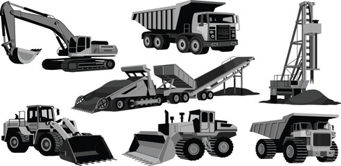 Construction, machinery, vector, set, excavator, dumper, truck, bulldozer, loader, mining, industrial, heavy, equipment, vehicle, engineering, building, infrastructure, site, transport, collection, © RABBI
