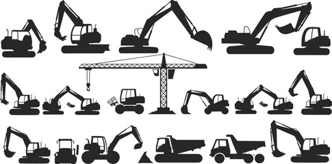 Excavator, crane, truck, machinery, construction, vehicle, silhouette, industrial, builder, dumper, equipment, vector, collection, engineering,  © RABBI