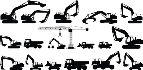 Excavator, crane, truck, construction, machinery, silhouette, vehicle, builder, industrial, dumper, equipment, vector, set, collection, engineering, building,  © RABBI