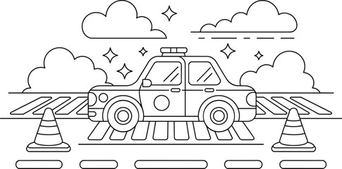 Police car with flashing lights on a road near traffic cones and clouds, line art illustration and patrol vehicle and alert and warning in outline sty © Pappu0099