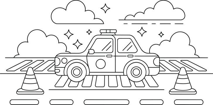 Police car with flashing lights on a road near traffic cones and clouds, line art illustration and patrol vehicle and alert and warning in outline sty