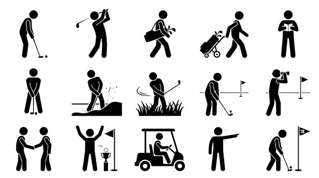 Golf player stick figures engaged in various activities