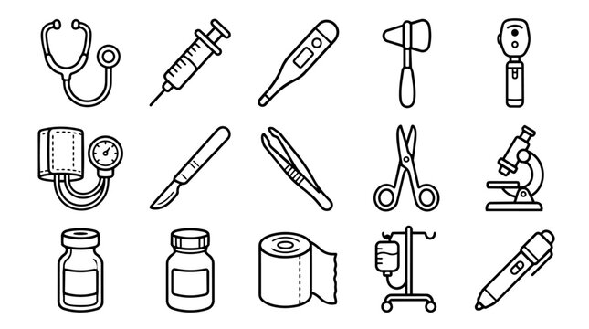 Simple outline icons of medical instruments and healthcare tools