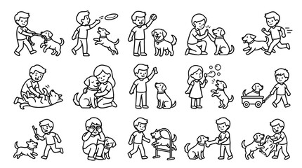 Naklejka premium Outline set of children playing and caring for pet dogs