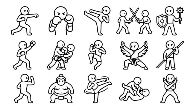 Line art icons of diverse martial arts and combat actions