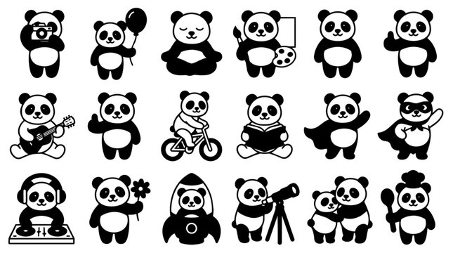 Adorable panda characters engaged in diverse activities