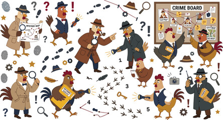 Fototapeta premium Chicken Detective and Rooster Investigator Element Vector Set Featuring Spy Secret Agent and Police Characters with Crime Board for Solving Mystery on White Background