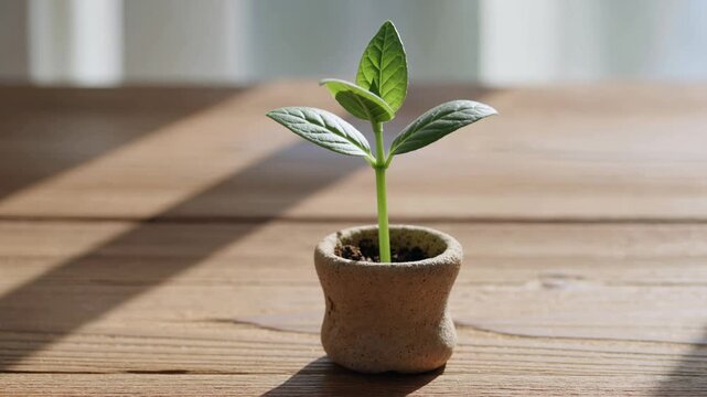 Small plant in a terracotta pot growing and turning towards the morning sun, symbolizing new life, growth, hope, success, startup business, and environmental care