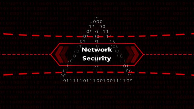 Network security digital concept with binary code data stream and glowing red hud interface cybersecurity