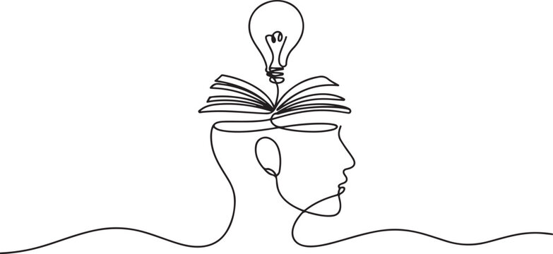 Head with open book and lightbulb continuous line drawing.one line vector illustration
