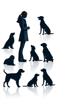 Faceless dog owner and cynology silhouette icon vector set isolated on white background, dog training graphics, cynology symbols, silhouette collection, with copy space