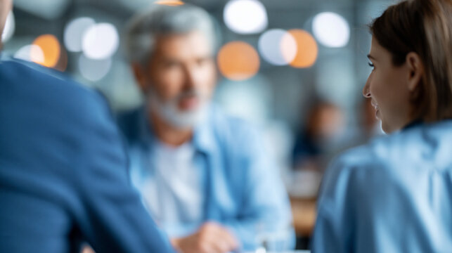 Defocused faceless instructor providing individual guidance to community center participant, soft focus teaching moment, personal instruction, blurred interaction, with copy space