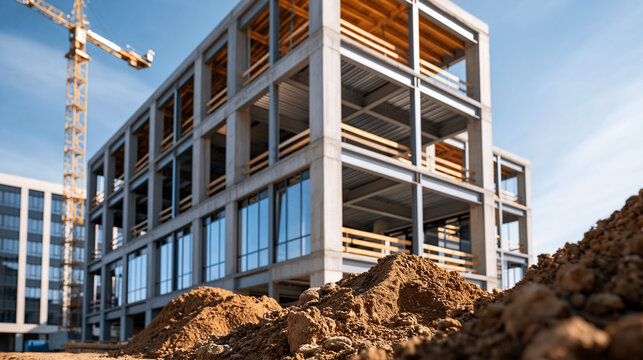 Faceless large multistory building under construction with steel frame and piles of dirt, structural framework, construction progress, urban development, industrial project, with