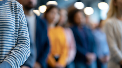 Fototapeta premium Defocused faceless participants standing during moment of silence or reflection in community meeting, soft focus respectful moment, blurred standing, solemn activity, with copy