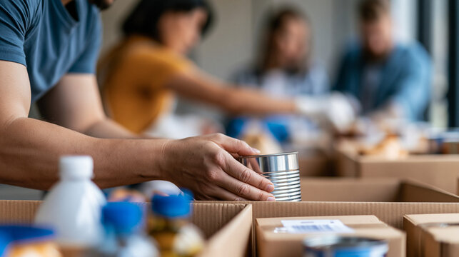 Faceless group sorting donated items for community charity distribution event, sorting activity, charitable work, community service, donation organization, with copy space