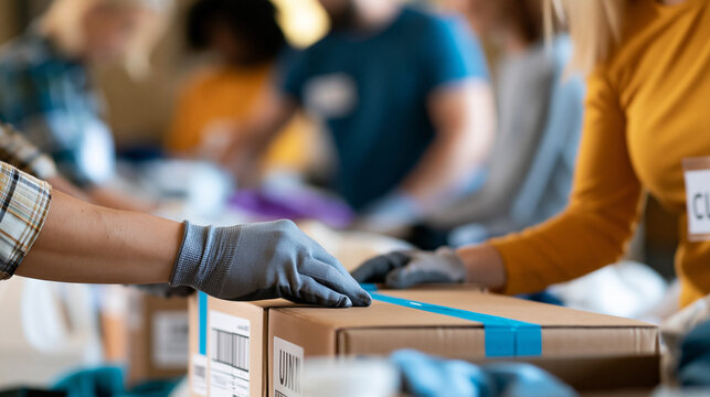 Faceless group sorting donated items for community charity distribution event, sorting activity, charitable work, community service, donation organization, with copy space