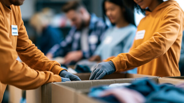 Faceless group sorting donated items for community charity distribution event, sorting activity, charitable work, community service, donation organization, with copy space