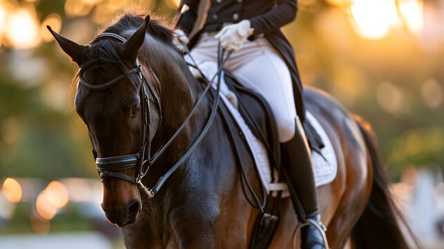 Equestrian faceless rider in black leather boots and white breeches training dressage on horseback at sunset, dressage training, equestrian sport, golden hour, with copy space