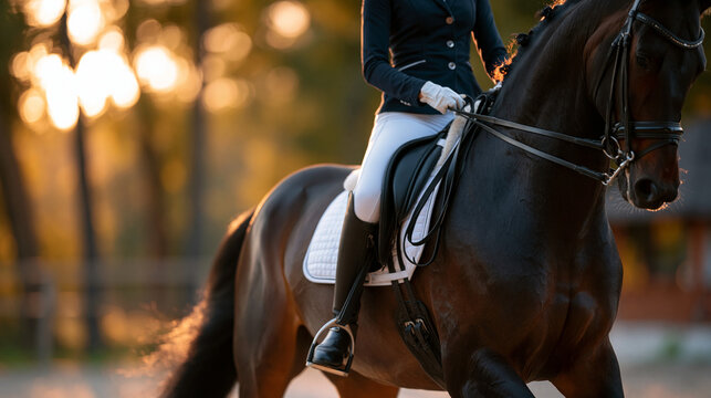 Equestrian faceless rider in black leather boots and white breeches training dressage on horseback at sunset, dressage training, equestrian sport, golden hour, with copy space