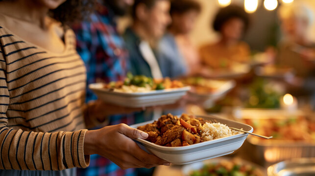 Faceless group enjoying potluck dinner during community center social gathering, shared meal, social event, communal dining, cultural exchange, with copy space
