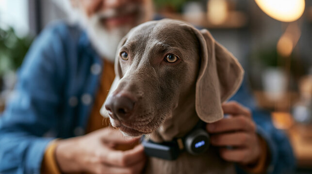 Faceless man putting modern tracking collar on Weimaraner dog, animal care and smart pet technology concept, owner securing electronic device on pet to monitor health and location