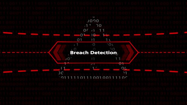 Breach detection cyber security alert interface with binary code background, data breach network security