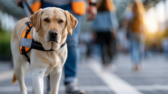 Faceless dog walks beside its handler in city environment showcasing its work skills in busy atmosphere during daylight, service dog concept, urban setting, working animal, with