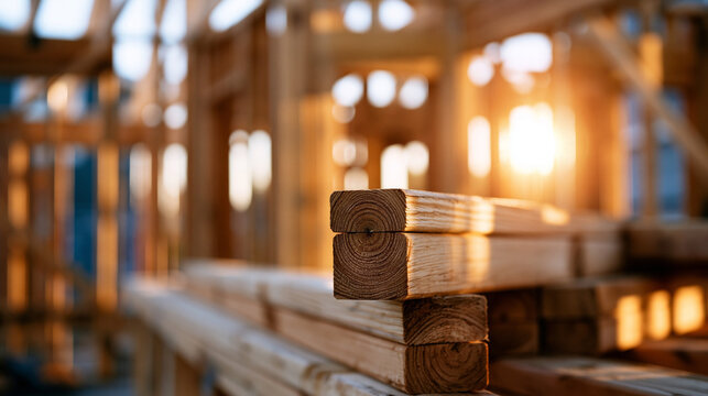 Framing and studs of new build construction, wooden framework, building structure, construction materials, framing system, residential construction, with copy space