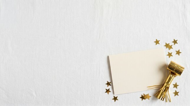 Luxury matte cream greeting card template next to tiny gold party horn blower and scattered star shaped confetti on bottom right corner with vast clean empty white linen surface area on the left