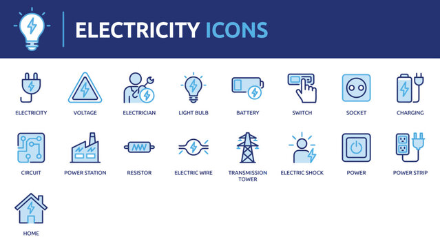 Electricity icons set with various symbols and elements