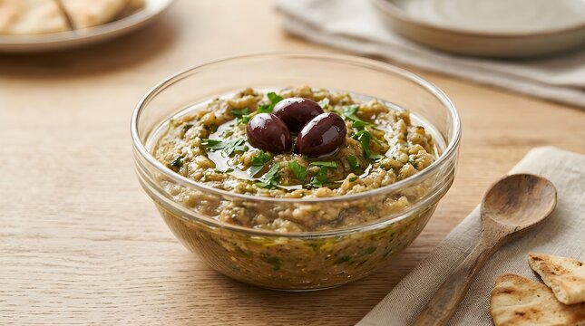 Bowl of baba ghanoush eggplant dip with olive oil and kalamata olives served with pita bread on wooden dining table.