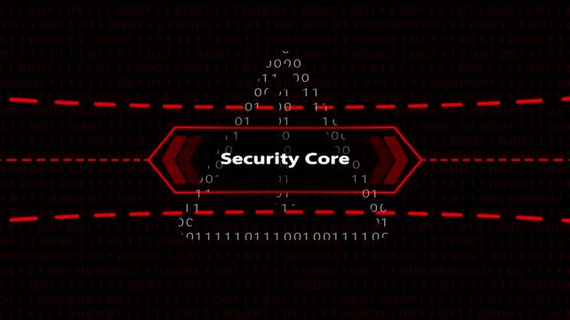 Security core digital interface with binary code data stream and red hud for cyber security and network protection technology