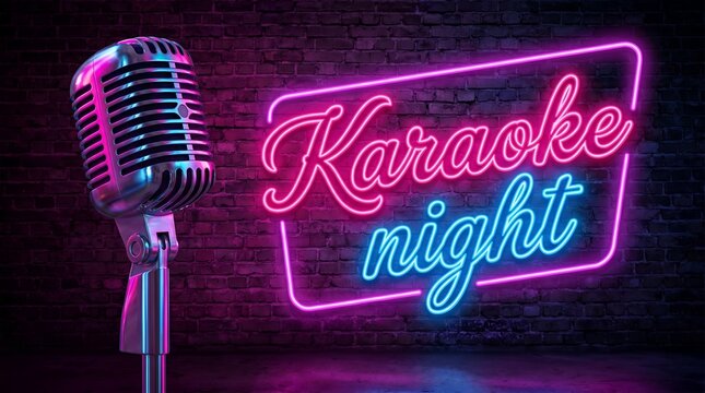 Neon Karaoke Night Brick Wall Background
