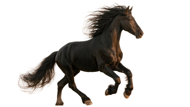 Isolated majestic black horse gracefully trotting with flowing mane and tail in motion