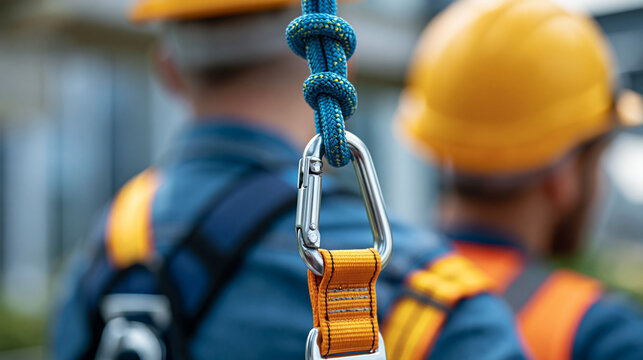 Safety body construction working at height equipment, fall arrestor device for worker with hooks, safety body harness on roof structure, fall protection system, with copy space