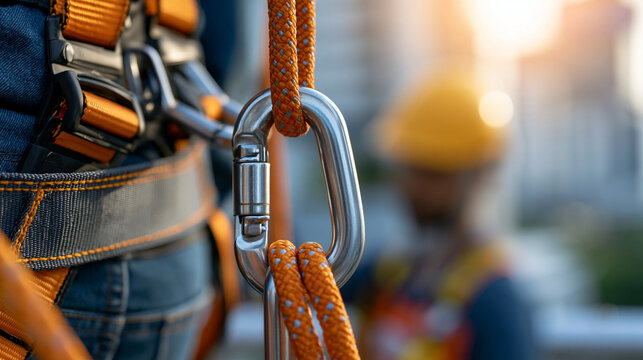 Safety body construction working at height equipment, fall arrestor device for worker with hooks, safety body harness on roof structure, fall protection system, with copy space