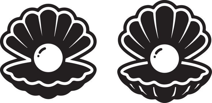 Open clam shell with pearl icon set, oyster silhouette vector, seashell with pearl logo, marine life jewelry symbol, flat black sea shell icon, underwater treasure graphic, pearl in shell illustration