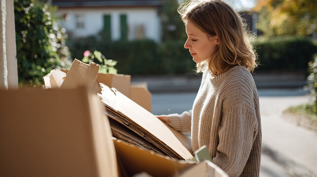 Young woman thoughtfully sort packages, prepare items for reuse, focus on environmental care and responsible consumption in sunny outdoor setting