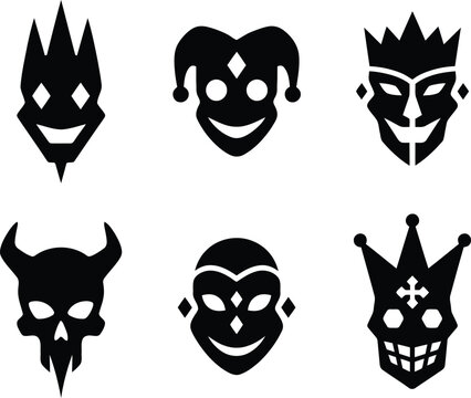 Dark evil jester demon king skull mask icons vector set
