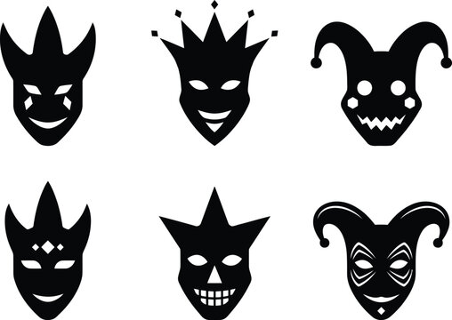 Set of black evil joker jester clown mask vector icon