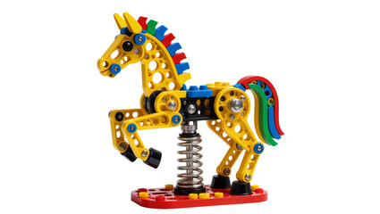 Yellow mechanical horse toy with rainbow mane and tail, isolated on transparent background © Noah