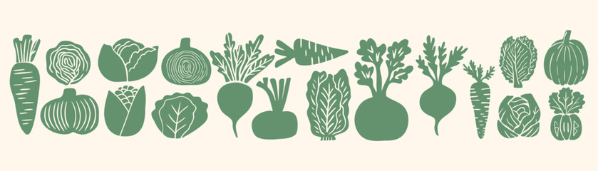  Rustic linocut vegetable set: green silhouettes of carrot, cabbage, beet, onion, pumpkin and lettuce in naive woodcut style, perfect for cottagecore or organic farm design © Maria Petrish