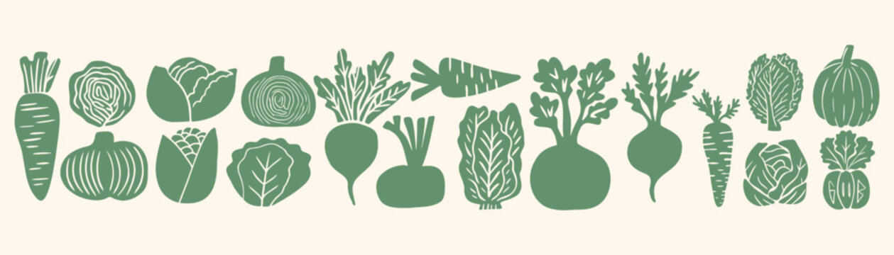  Rustic linocut vegetable set: green silhouettes of carrot, cabbage, beet, onion, pumpkin and lettuce in naive woodcut style, perfect for cottagecore or organic farm design