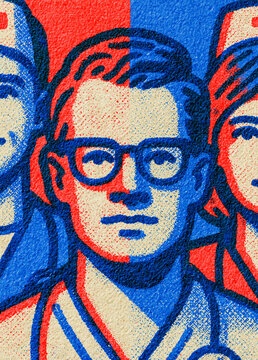 closeup of multicolor lithographic printing on old paper: medical professional(s)