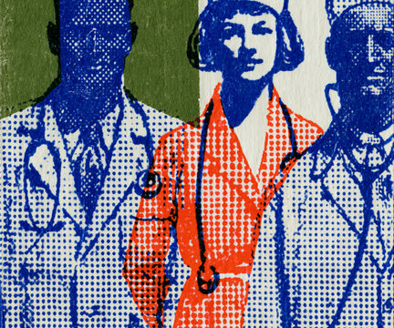 closeup of multicolor lithographic printing on old paper: medical professional(s)