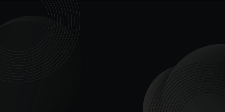 Abstract dark black background with elegant geometric fluid circles and thin line patterns. Premium minimalist design with gray gradient shapes for luxury banner, corporate presentation, or