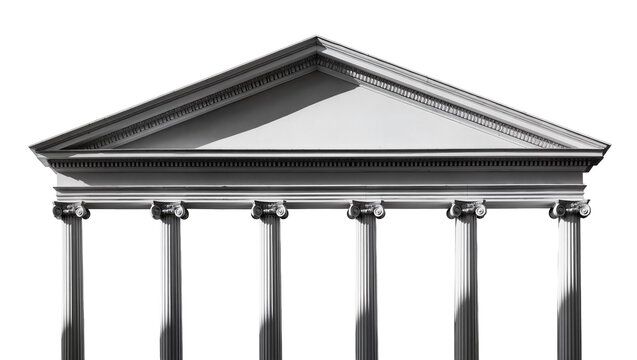 Isolated classic architectural facade pediment with six Ionic order columns, ancient Greece style