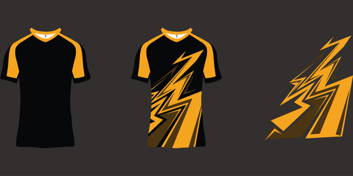 Sport jersey mockup template vector illustration with abstract orange and black racing stripe sublimation design. Activewear t-shirt mockup with dynamic geometric shapes for esports team